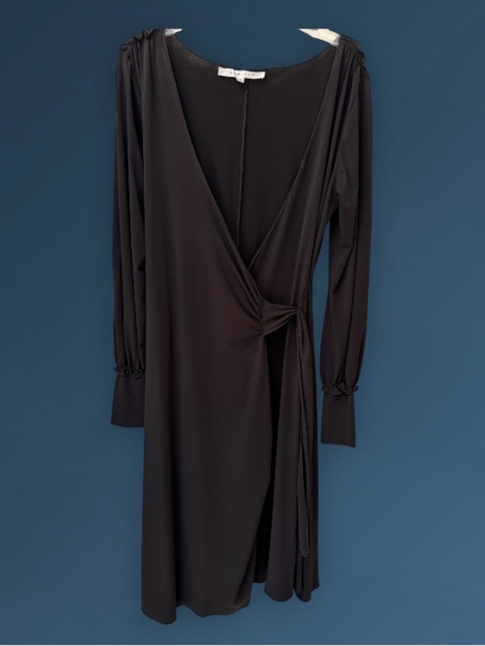 Studio M Black Long Sleeve Cuffed Wrap Dress, Tie Waist, Knit Stretch, Sz M